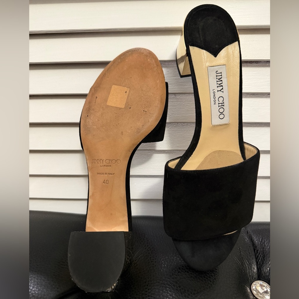 Jimmy Choo Black Suede Gold Block Heel Mules | Size EU 40 / US 9 - Picture 4 of 7
